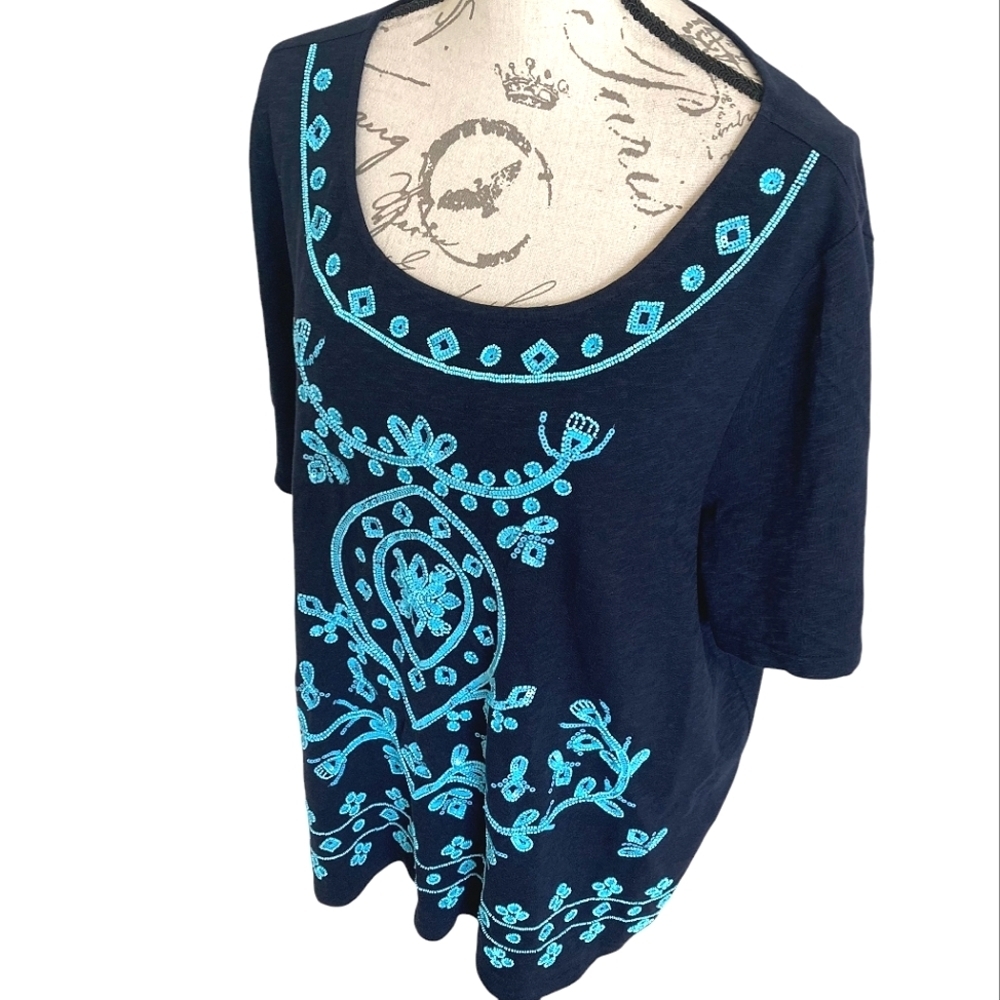 Talbots Beaded embroidered sequin blue tunic boho top 2X Cotton Resort Preppy - Picture 10 of 16